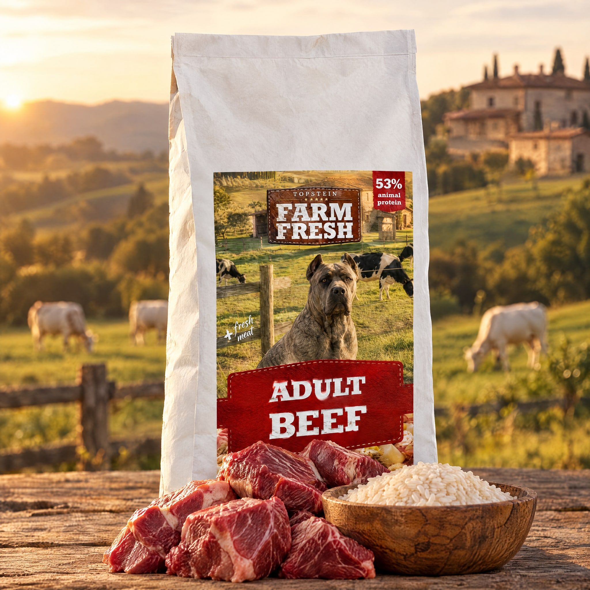 Pytel Farm Fresh Adult Beef na dřevěném stole s kousky syrového hovězího a miskou rýže, v pozadí pastvina s bílým skotem