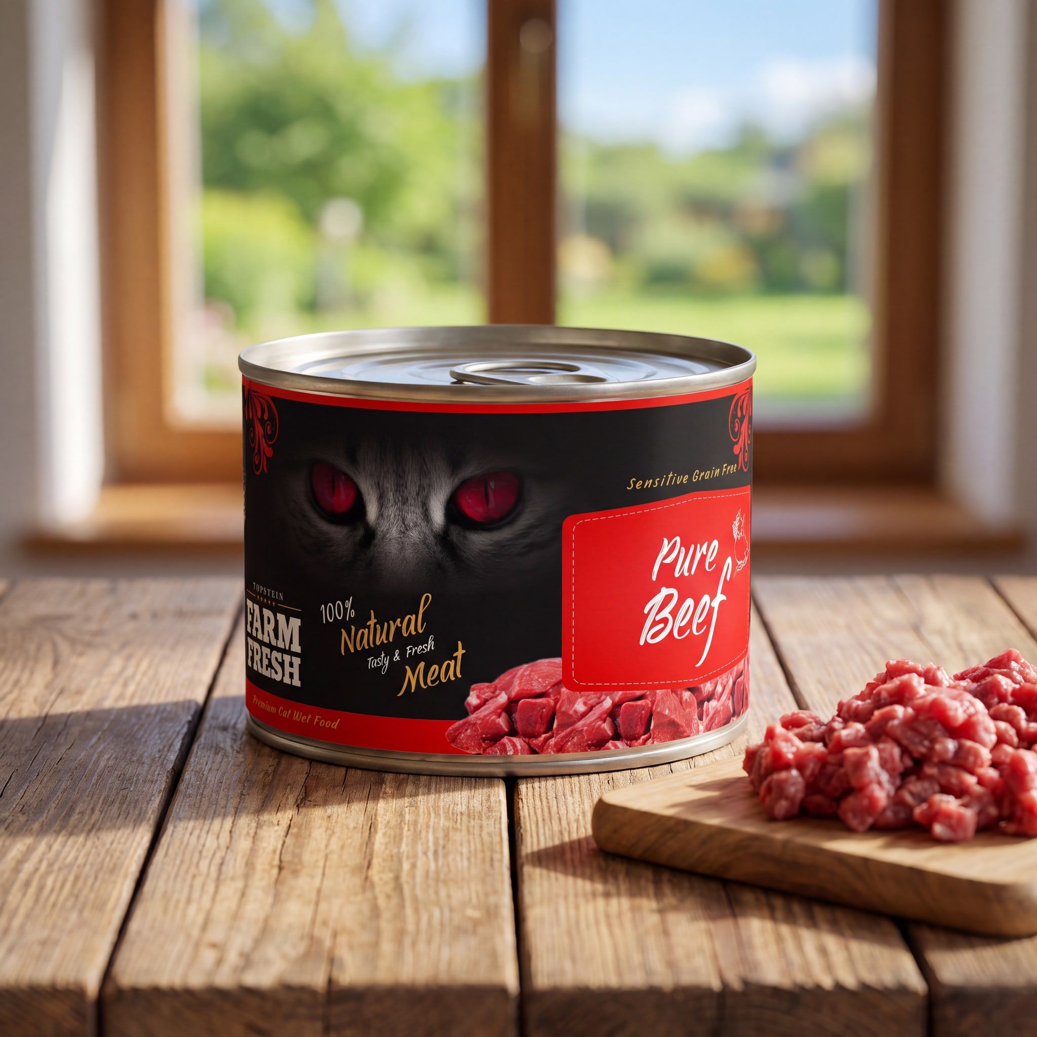 Konzerva Farm Fresh Cat Pure Beef na dřevěném stole v selské kuchyni, vedle prkénko s hrubě mletým hovězím, v pozadí okno do slunné zahrady