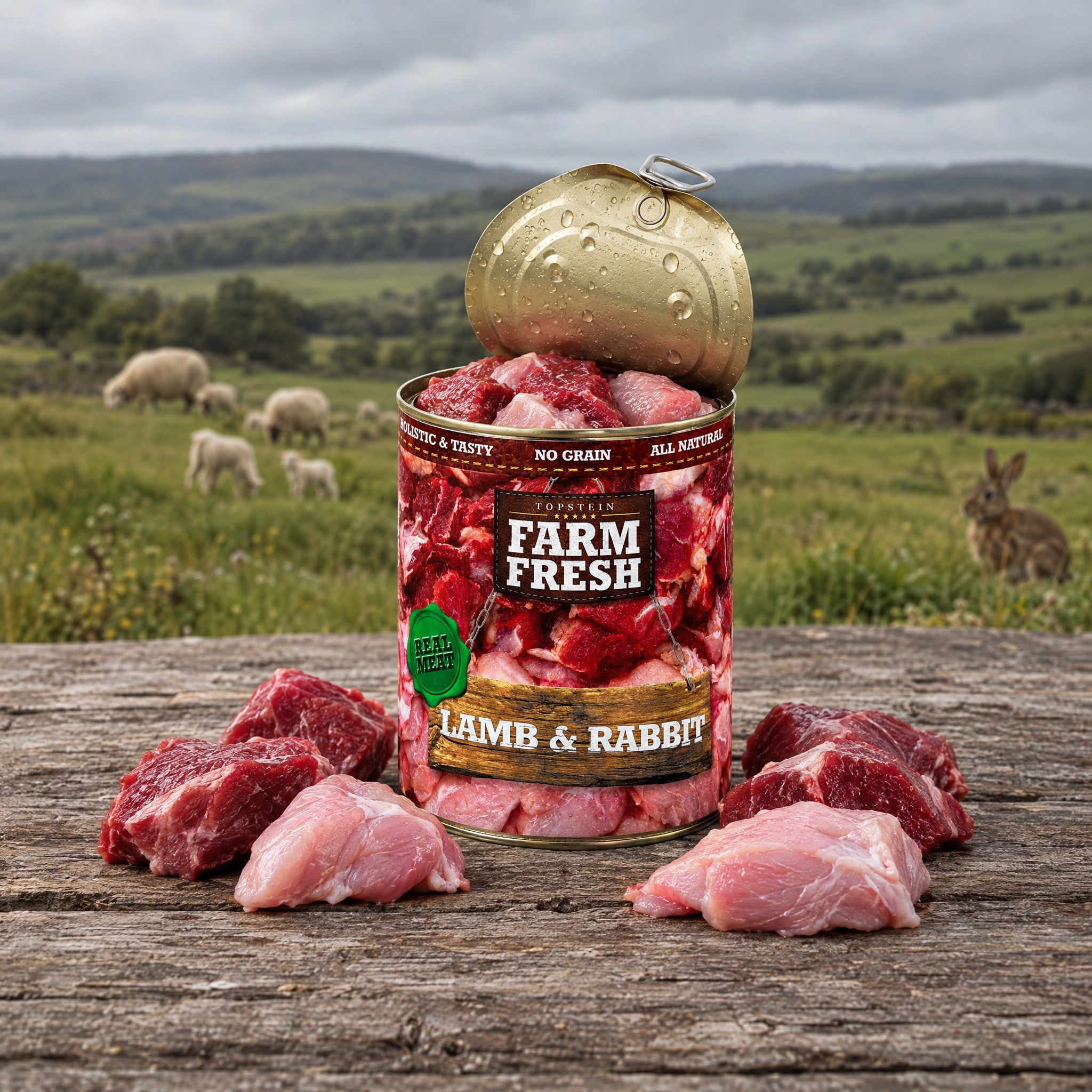 Otevřená konzerva Lamb & Rabbit na dřevěném stole, kolem ní kousky jehněčího a králičího masa, v pozadí ovce a králík na zelené pastvině