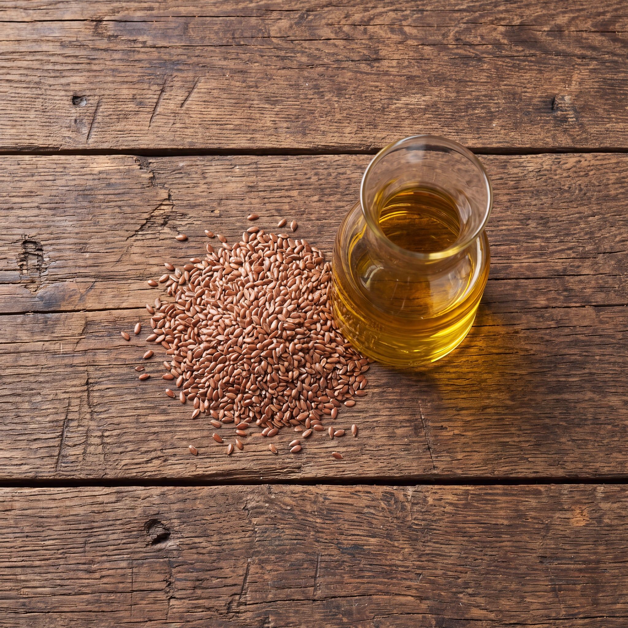 Suroviny oleje Linseed Oil na dřevěném stole: lněná semínka a karafa lněného oleje