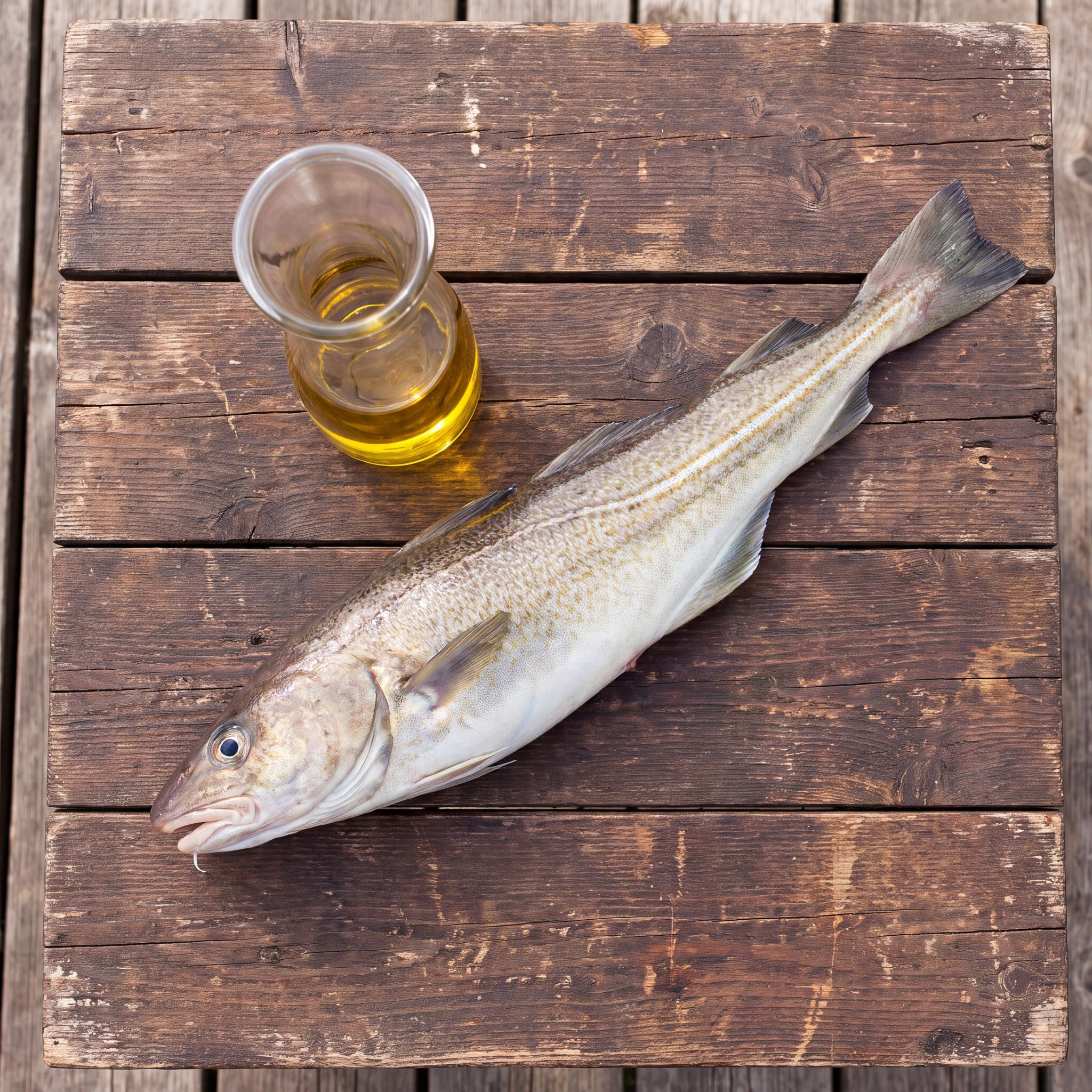 Suroviny oleje Wild Cod Fish Oil na dřevěném stole: treska a karafa rybího oleje