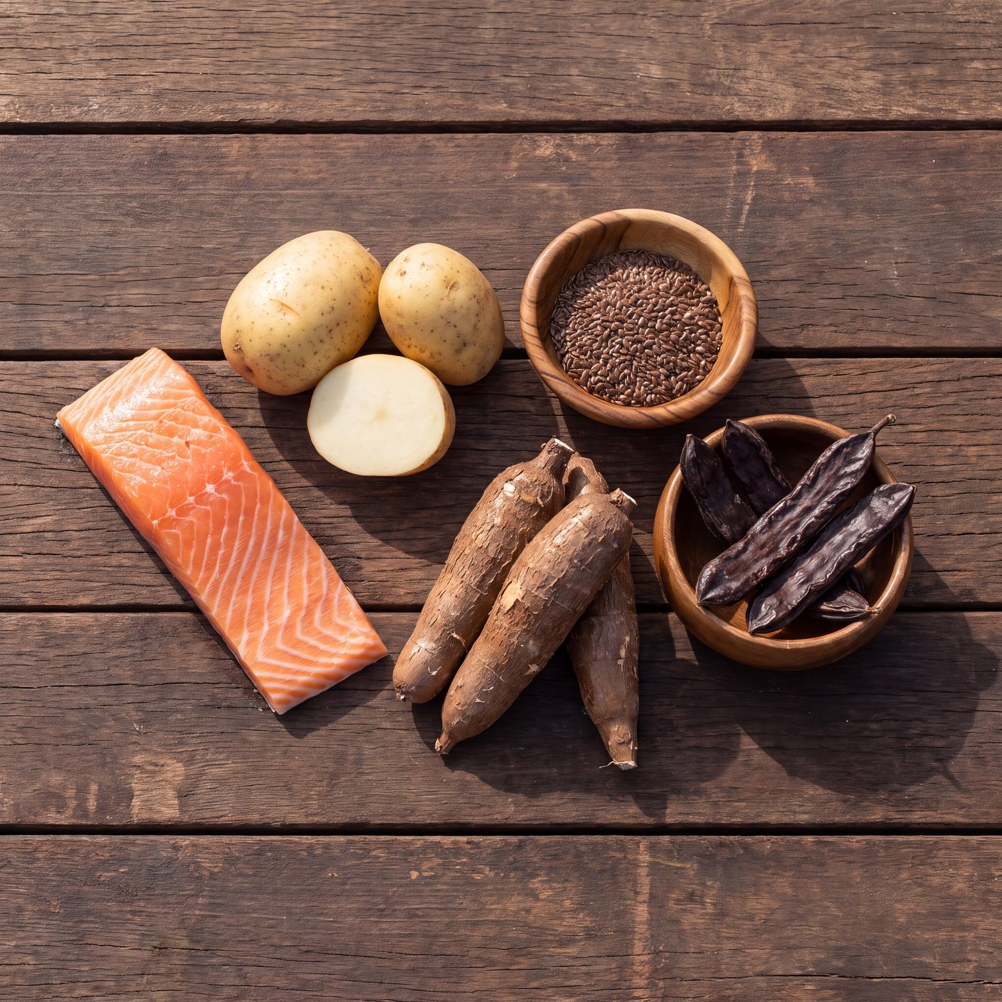Suroviny receptury Mini Salmon Grain Free na dřevěném stole: losos, brambory, maniok (tapioka), lněné semínko a lusky svatojánského chleba