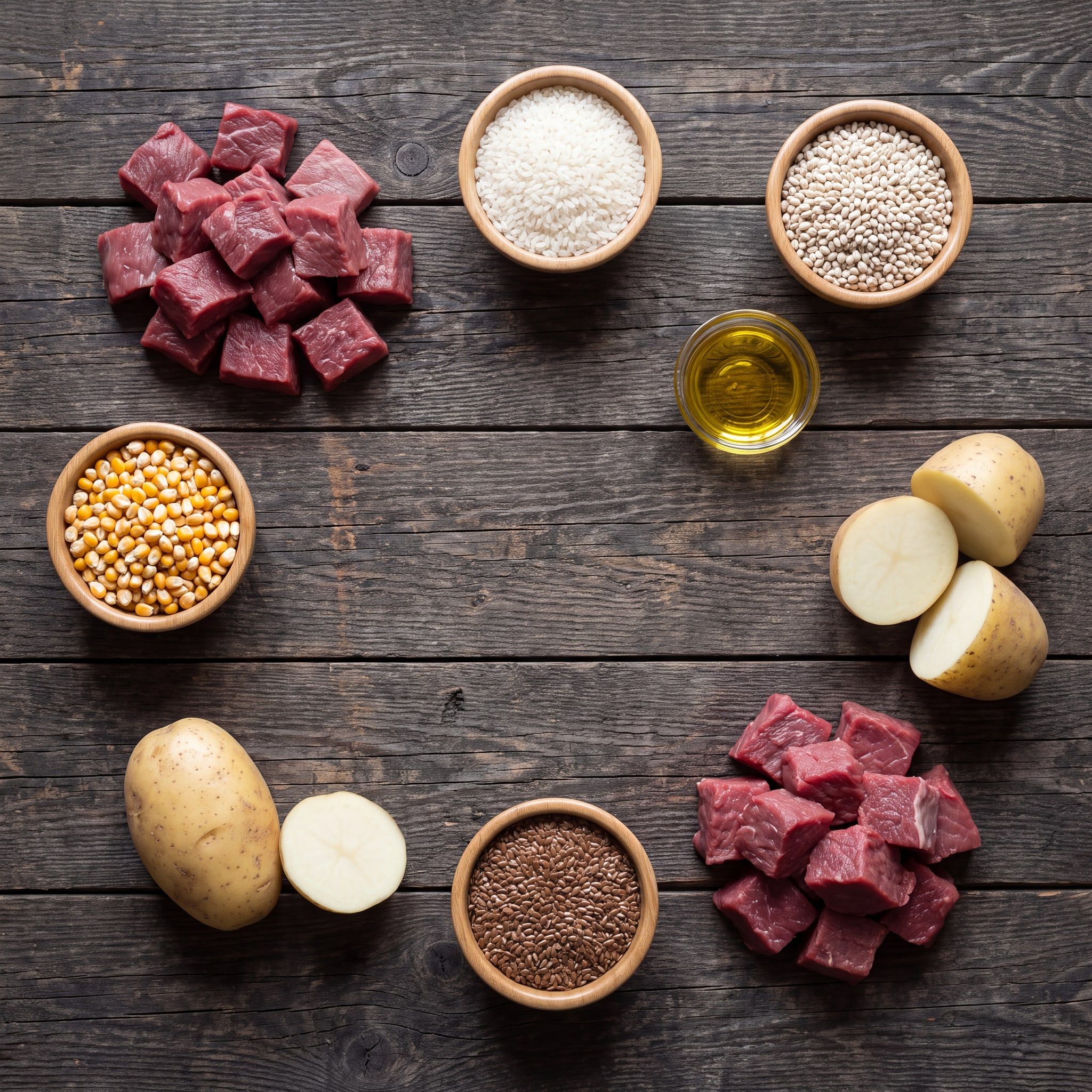 Suroviny receptury Adult Beef na dřevěném stole: syrové hovězí, rýže, kukuřice, brambory, ječmen, lososový olej a lněné semínko