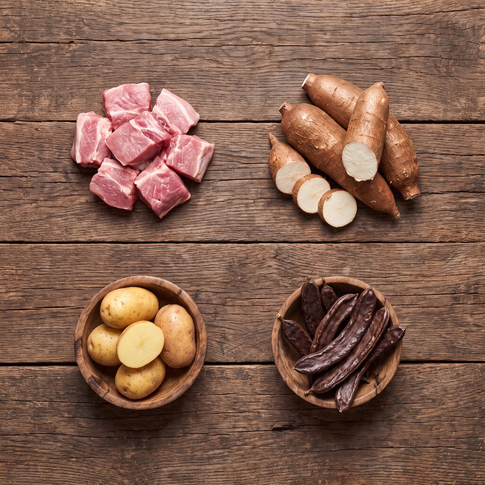 Suroviny receptury Adult Pork Grain Free na dřevěném stole: vepřové, maniok (tapioka), brambory a lusky svatojánského chleba