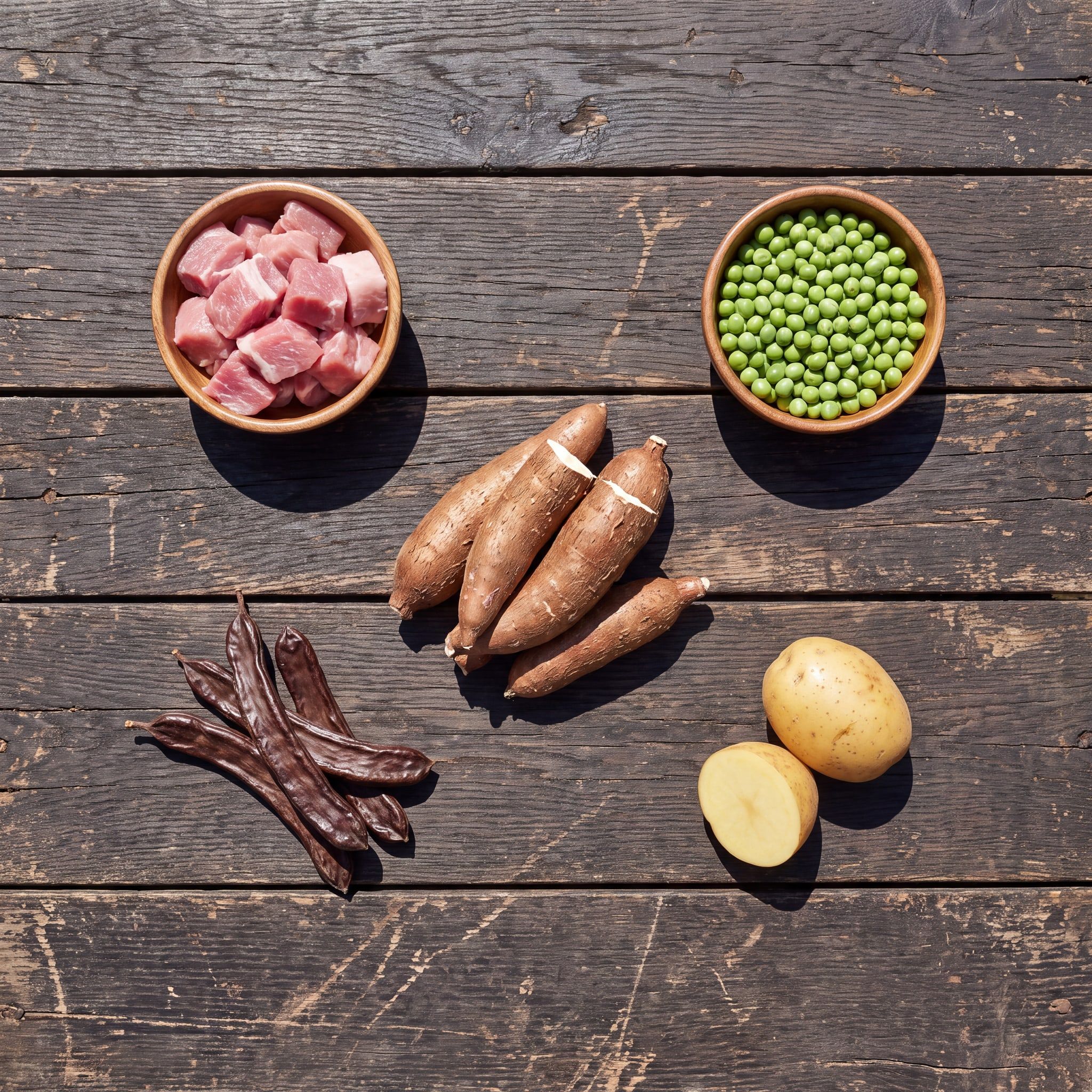 Suroviny receptury Puppy Pork Grain Free na dřevěném stole: vepřové, brambory, maniok (tapioka), hrášek a lusky svatojánského chleba