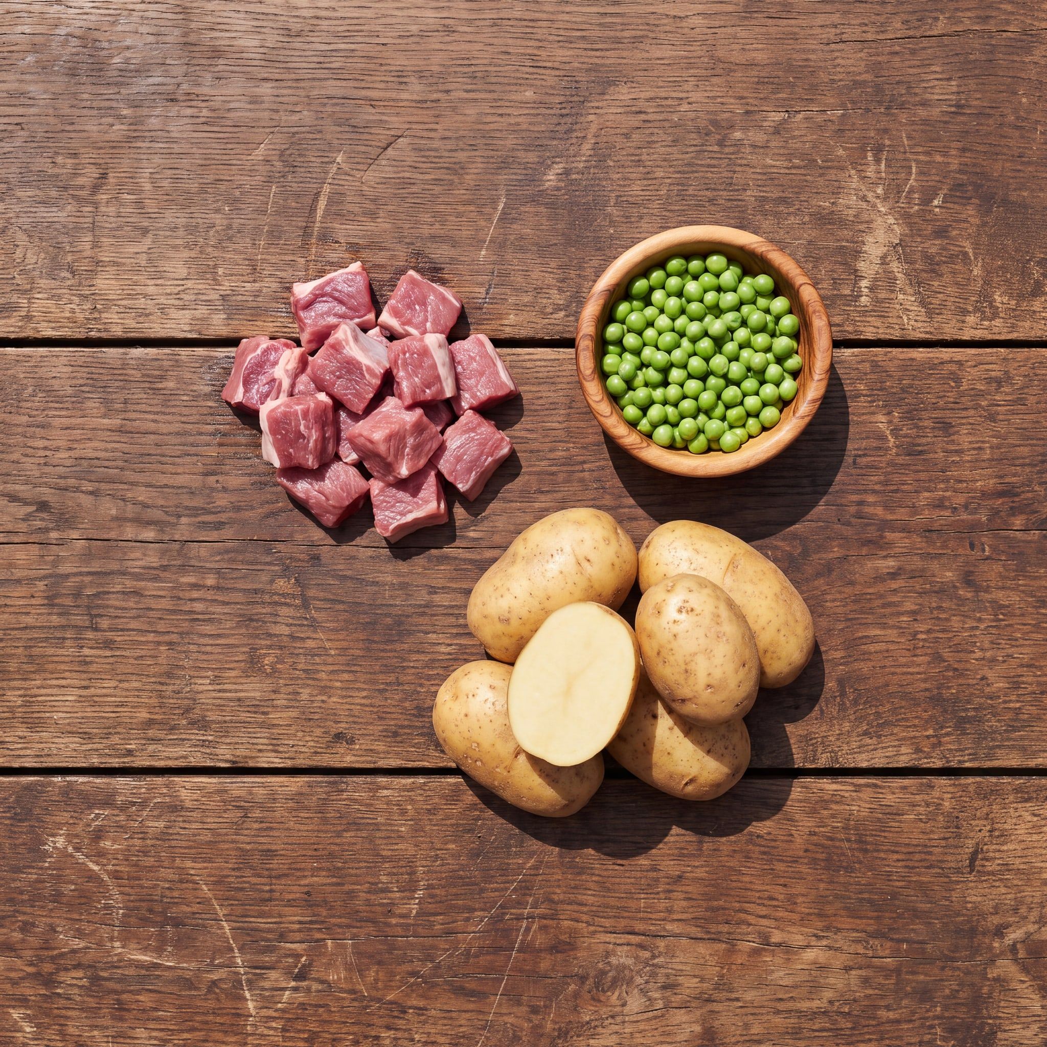 Suroviny receptury Adult Lamb Grain Free na dřevěném stole: jehněčí, hrášek a brambory