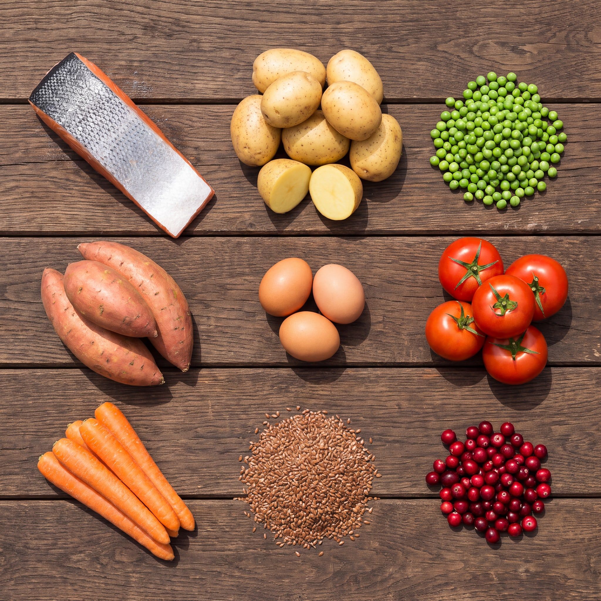 Suroviny receptury Junior Salmon Grain Free na dřevěném stole: losos, brambory, hrášek, batáty, vejce, rajčata, mrkev, lněné semínko a brusinky