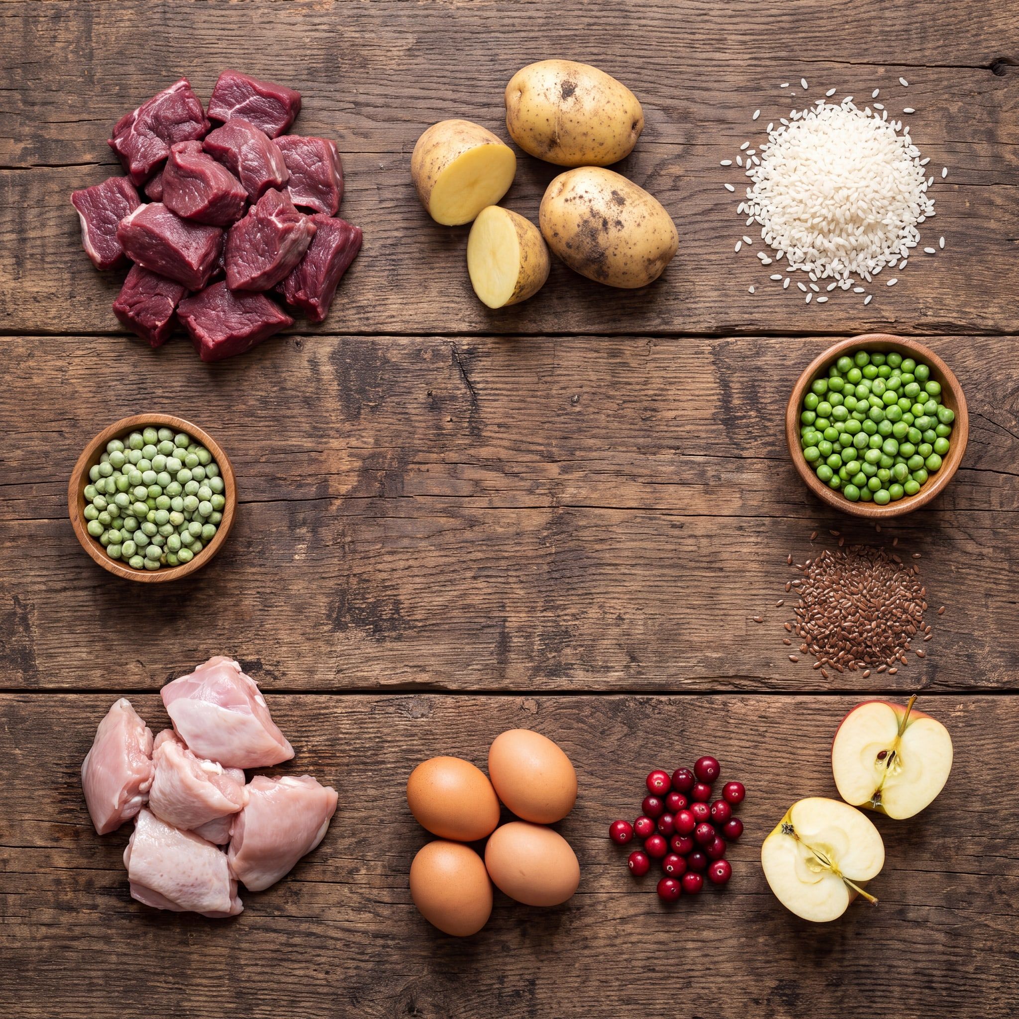 Suroviny receptury Adult Venison na dřevěném stole: sobí maso, brambory, rýže, hrášek, kuřecí, lněné semínko, vejce, brusinky a jablka