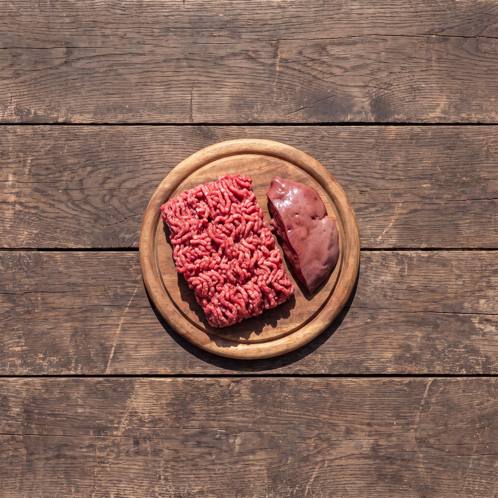 Suroviny receptury Cat Pure Beef & Liver na dřevěném prkénku: hrubě mleté hovězí a hovězí játra
