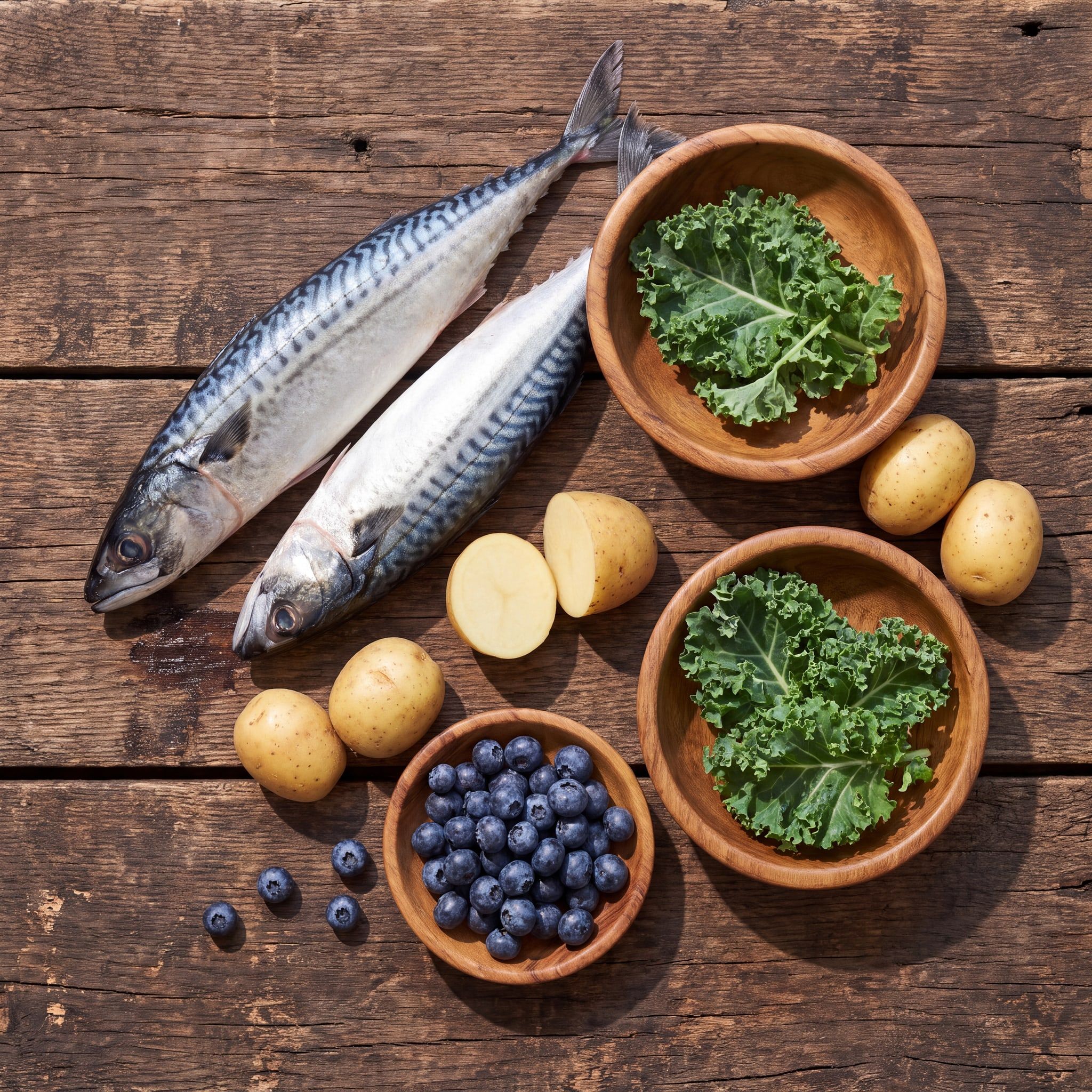 Suroviny receptury Cat Adult Ocean Fish with Blueberries Grain Free na dřevěném stole: celé makrely, brambory, borůvky a kapusta