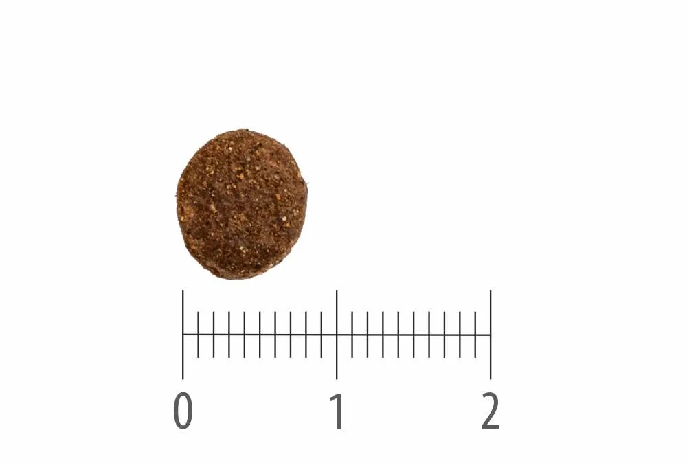 Granule Puppy Pork Grain Free nad pravítkem s dělením na centimetry a milimetry